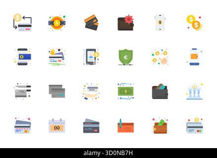 Eine übersichtliche Sammlung von 24 flachen Vektorsymbolen, die Kredit darstellen, im hochauflösenden, detaillierten Format für moderne Dashboards und Schnittstellen Stock Vektor