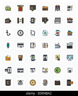 Umfassendes Paket mit 42 Vektorsymbolen im gefüllten Line-Design für Banken, geliefert in gestochen scharfer, hochauflösender, auf Gitter abgestimmter Qualität. Stock Vektor