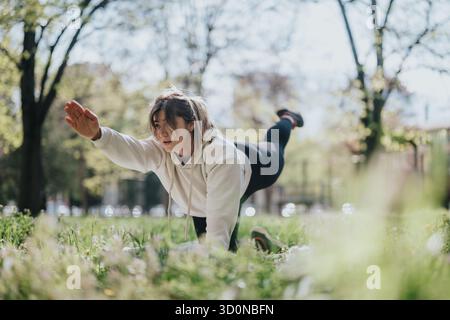 Frau übt Fitnessübungen im Freien in einer Park-Umgebung Stockfoto