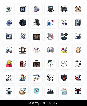Professionell gestaltete 42 Vektorsymbole in Filled Line, die das Wesen des Gesundheitswesens mit einer bearbeitbaren Präzision von 256 x 256 für das UI-Design erfassen. Stock Vektor
