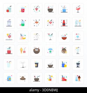 Sammlung von 36 Vektorsymbolen für Straw mit flachem Gitter im Format 64x64 für Klarheit und Vielseitigkeit. Stock Vektor