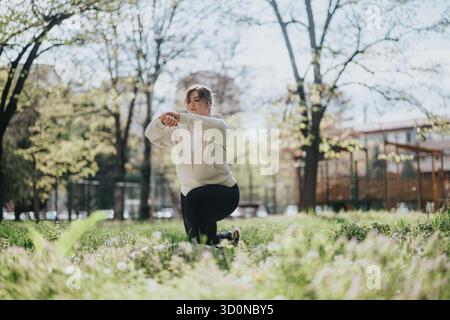 Junge Frau, die im Freien in einem sonnigen Park, umgeben von Bäumen, Sport treibt Stockfoto