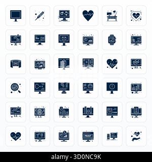 Dieser Satz von 36 Glyphen-Vektorsymbolen erfasst Monitordesigns in 64x64 Detail Enhanced Quality, perfekt für technische und geschäftliche Anwendungen. Stock Vektor