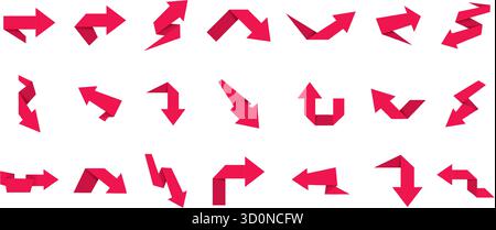 Rote Pfeile. 3D-Richtungszeiger. Pfeilsymbole für Origami-Papierband nach oben, unten und links. Vektor-isolierter Satz Stock Vektor
