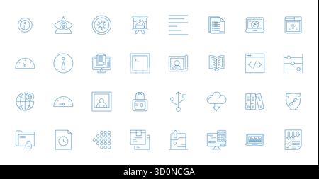 Wunderschön gerenderte 32 Thin Line Pixel ausgerichtete Vektorsymbole für Daten, erstellt mit einer Auflösung von 64x64 für beeindruckende visuelle Konsistenz über alle Plattformen hinweg. Stock Vektor