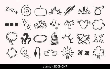Symbole für Manga-Ausdrücke. Handgezeichnete Comic-Emotionselemente, Kritzelmarken für Anime-Reaktionen, Sprechblasen, Soundeffekte, Ausrufezeichen und Fragen Stock Vektor