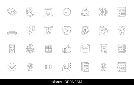 Eine übersichtliche Sammlung von 28 Thin Line Vektorsymbolen, die die Validierung darstellen, im Format 256x256 Detail Enhanced für moderne Dashboards und Interfac Stock Vektor