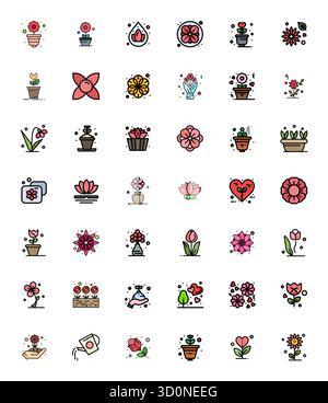 Diese Kollektion enthält 42 bearbeitbare Vektorsymbole mit Linien, die speziell auf das Blossom-Thema zugeschnitten sind und im Format 64x64 für digitales Design optimiert sind. Stock Vektor