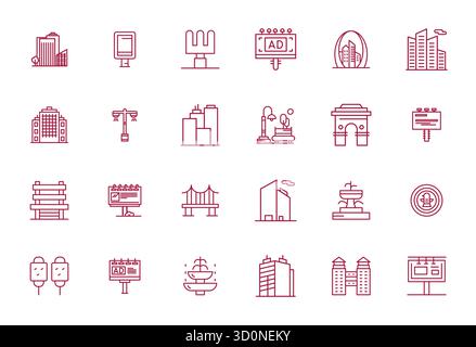 Fortschrittliche Sammlung von 24 PIXEL Perfect Vektorsymbolen, inspiriert vom Urban Design, in Bold Line mit 256 x 256 Optimierung für überragende visuelle Leistung Stock Vektor