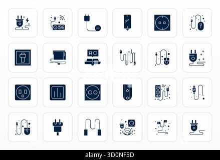 Essential Pack mit 24 Vektorsymbolen für Kabel im Glyph-Format, Größe 256 x 256 für optimale Leistung und Skalierbarkeit. Stock Vektor