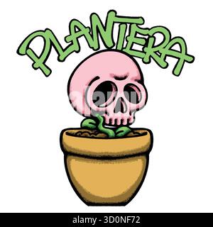 Skull in Pot Hand gezeichnetes T-Shirt Illustration Stock Vektor