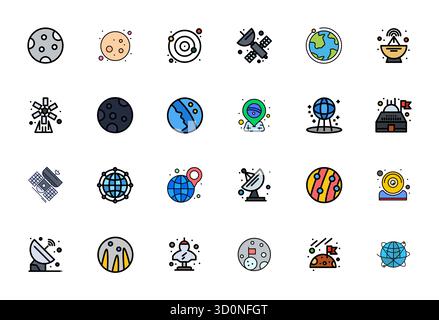 Professionelle Sammlung von 24 Zeilen gefüllten Vektorsymbolen, die Satellite darstellen, gefertigt mit Retina Ready editierbarer Präzision für Enterprise-Anwendungen Stock Vektor