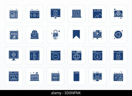 Optimierter Satz von 24 Vektorsymbolen für Webbrowser in Glyph-Ästhetik, mit einer optimierten Auflösung von 128x128 Pixeln für nahtlose Benutzererfahrungen. Stock Vektor
