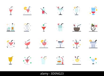 Professionelle Sammlung von 24 flachen Vektorsymbolen, die alkoholische Getränke darstellen, gefertigt mit 256 x 256 Pixel ausgerichteter Präzision für Unternehmensanwendungen Stock Vektor