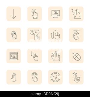 Umfassendes Toolkit mit 16 Vektorsymbolen rund um Click, entwickelt in dünner Umrisse mit 128x128 Display perfekte Präzision für vielseitige ap-Designs Stock Vektor