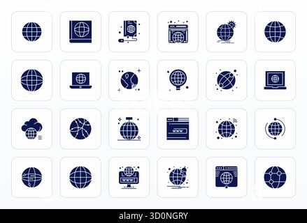 Kuratiertes Paket mit 24 256 x 256 Vektorsymbolen im Glyph-Design, zentriert auf Global Communication Concepts with Detail Enhanced Clarity. Stock Vektor