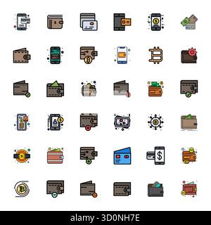 Zeitgenössische Sammlung von 36 Vektorsymbolen, die mit Wallet in Line gefüllte Ästhetik repräsentieren, mit einer Auflösung von 64x64 PIXELN für moderne Anwendungen Stock Vektor