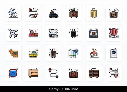 Kuratiertes Paket mit 24 Retina Ready Vektorsymbolen im gefüllten Linien-Design, zentriert um Trip-Konzepte mit Pixelausrichtung. Stock Vektor
