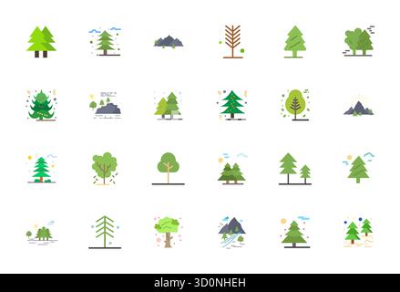 Sorgfältig kuratierte 24 flache Vektorsymbole für Evergreen mit einer Auflösung von 64x64 für konsistente Markendarstellung und Benutzererfahrung Stock Vektor