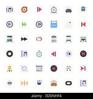 Moderne Sammlung von 36 Vektorsymbolen, die Track in Flat-Ästhetik darstellen, mit 256 x 256 Pixel ausgerichteter Auflösung für moderne Anwendungsentwicklung Stock Vektor