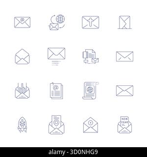Zeitgenössische Sammlung von 16 Vektorsymbolen, die Newsletter in Thin Line-Ästhetik repräsentieren, mit hochauflösender Pixeloptimierung für Mo Stock Vektor