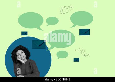 Collage von Personen, die über Geräte chatten, mit Sprechblasen Briefen, die das Konzept der digitalen Kommunikation im geschäftlichen Privatleben zeigen Stockfoto