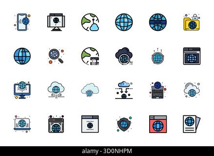 Sammlung von 24 Flat Line Filled Display Perfect Vektor-Symbolen für weltweiten Zugriff, im Format 64x64 für Klarheit und Vielseitigkeit. Stock Vektor