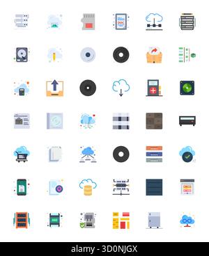 Ausgeklügeltes Paket mit 42 flachen Vektorsymbolen für die Datenspeicherung, entwickelt mit 128x128 Detail für verbesserte Klarheit für professionelle Anwendungen. Stock Vektor