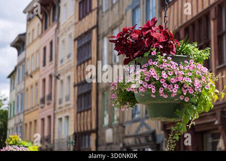 Hängende Körbe mit Blumen in den Straßen von Rouen in der Normandie in Frankreich Stockfoto