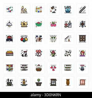 Umfangreiches Toolkit mit 36 Vektorsymbolen rund um das Dekor, entwickelt in Filled Line mit 256 x 256 PIXEL perfekter Präzision für vielseitige Design-Anwendungen Stock Vektor