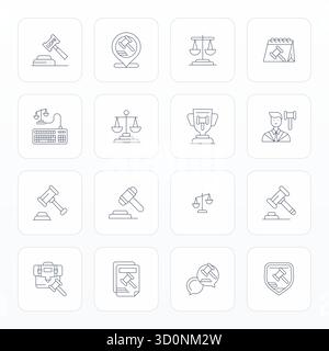 Außergewöhnliche Sammlung von 16 Thin Line Vektor-Symbolen für Gerichtsverfahren, geliefert in Retina Ready Pixel optimierte Auflösung für unvergleichliche visuelle Exzellenz Stock Vektor