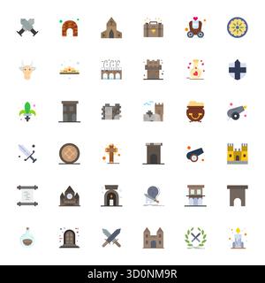 Premium-Kollektion von 36 flachen Vektorsymbolen für das Mittelalter, akribisch in 128x128 Detailauflösung für überragende visuelle Wirkung gefertigt. Stock Vektor