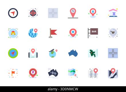 Sorgfältig gefertigte 24 flache Vektorsymbole für Positionsmarkierungen, geliefert in 256 x 256 Pixel ausgerichteter Qualität für kompromisslose Designstandards. Stock Vektor
