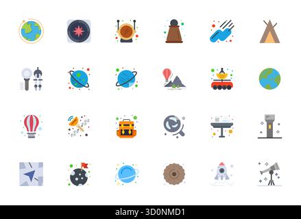 Sorgfältig gefertigte 24 flache Vektorsymbole für die Erkundung, geliefert in 64x64 bearbeitbarer Qualität für kompromisslose Designstandards. Stock Vektor