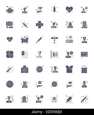 Umfangreiches Toolkit mit 42 Vektorsymbolen rund um die Pflegekraft, entwickelt mit 64x64-Detail und verbesserter Präzision für vielseitiges Design applicatio Stock Vektor