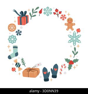 Handgezeichneter, runder Weihnachtsrahmen, Kopierraum. Kritzelnde Weihnachtsdekoration mit rundem Rahmen. Weihnachtsgeschenke, Süßigkeiten, Süßigkeiten, Kekse. Vektor Stock Vektor