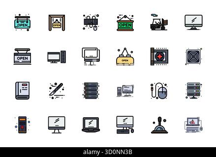 Entdecken Sie 24 bearbeitbare Vektorsymbole mit flachen Linien in 256 x 256 Auflösung, inspiriert von der Bedienung. Perfekt für Web- und App-Schnittstellen. Stock Vektor