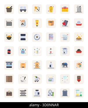 Laden Sie 42 skalierbare flache Vektorsymbole herunter, die für Container entwickelt wurden und eine detaillierte Auflösung von 256 x 256 bieten, die für professionelle und kreative Profis geeignet ist Stock Vektor