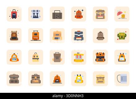 Intelligent gestaltete 24 bearbeitbare Vektorsymbole, inspiriert von Rucksack, im flachen Format bei 128x128 für intelligente und effiziente Design-Workflows. Stock Vektor