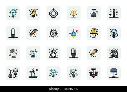 Hochwertige Sammlung von 24 LineFilled Vektorsymbolen für die Beleuchtung, sorgfältig in High Resolution Detail Enhanced Resolution für überragende Sichtbarkeit gefertigt Stock Vektor