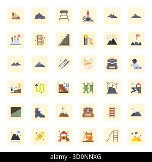 Zukunftsweisendes Paket mit 36 Vektorsymbolen rund um das Klettern mit flachem Design mit 256 x 256 Pixel ausgerichteter Klarheit für innovative Benutzeroberflächen. Stock Vektor