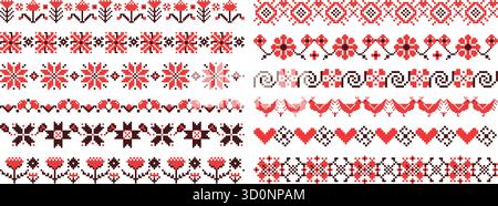 Ukrainische Trennwände mit Stickerei. Ethnische Ornamente, dekorative Pixel-Art-Trennwände mit gestickten Blumen- und geometrischen nahtlosen Mustern, Kreuz Stock Vektor