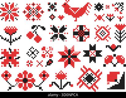 Ukrainische Stickelemente. Geometrische Muster mit Blumen- und Vogelmotiven, traditionelles ukrainisches Vintage-Ornament, Ziernähte Stock Vektor