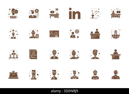 Diese Kollektion enthält 24 bearbeitbare Vektorsymbole, die speziell auf das Mitarbeiterthema zugeschnitten sind und im Format 64x64 für digitales Design optimiert sind. Stock Vektor