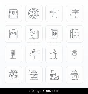 Zukunftsweisendes Paket mit 16 Vektorsymbolen rund um Tourist, das Thin Line Design mit editierbarer Klarheit in hoher Auflösung für innovative Benutzerinte präsentiert Stock Vektor