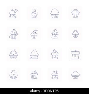 Eine übersichtliche Sammlung von 16 Thin Outline-Vektorsymbolen, die Cupcake repräsentieren, im Format 128x128 für moderne Dashboards und Schnittstellen entwickelt. Stock Vektor