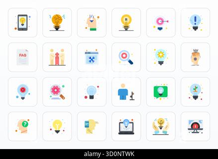 Verwandeln Sie Ihre Konstruktionen mit 24 flachen Vektorsymbolen, die auf Problemlösung ausgerichtet sind, in einer gitterangepassten Auflösung von 128x128 für maximale Klarheit. Stock Vektor
