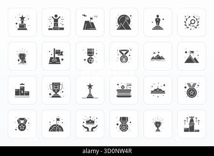 Set aus 24 Glyph-PIXEL Perfect-Vektorsymbolen rund um Triumph, gefertigt in 64x64-Auflösung für nahtlose Integration in Apps und Websites. Stock Vektor
