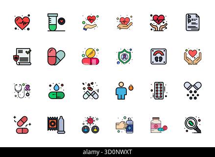 Eine übersichtliche Sammlung von 24 mit flachen Linien gefüllten Vektorsymbolen, die das Gesundheitswesen repräsentieren, im Format 64x64 Grid für moderne Dashboards und Interf Stock Vektor
