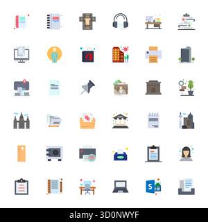 Ausgeklügeltes Paket mit 36 flachen Vektorsymbolen für das Büro, entwickelt mit 128x128 Raster für professionelle Anwendungen. Stock Vektor